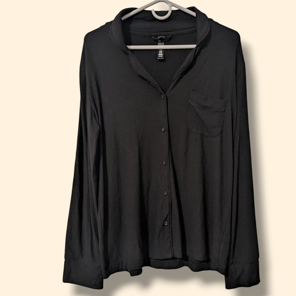 Skims Black Ribbed Long Sleeve Button-Up Soft Lounge Pajama Top SM